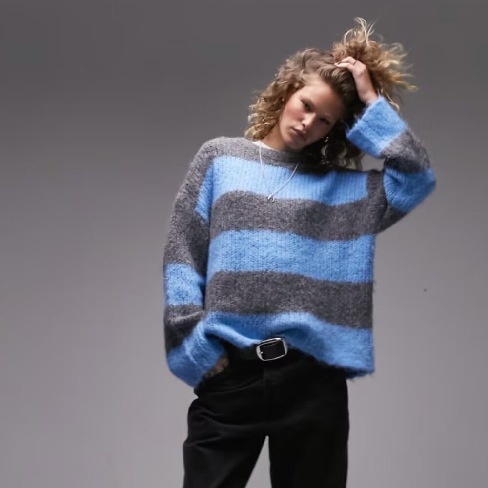 TOPSHOP knitted fluffy bold stripe crew neck oversized jumper